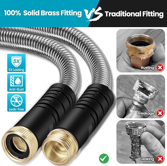 LINODI Metal Garden Hose, 100ft Stainless Steel Garden Hose – 3/4" GHT Solid Brass Connectors – Heavy Duty Flexible Metal Water Hose with 10-Way Spray Nozzle – Kink-Free Watering Kit