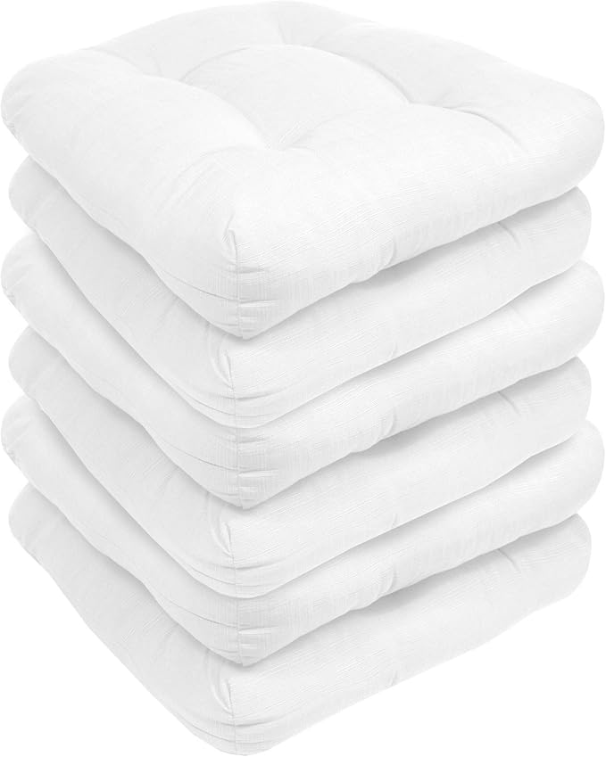 Sweet Home Collection Patio Cushions Outdoor Chair Pads Premium Comfortable Thick Fiber Fill Tufted 19" x 19" Seat Cover, 6 Pack, White