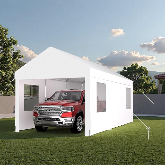 12x20FT Canopy, Outdoor Portable Garage with 2 Roll-Up Doors & 4 Ventilated Windows, Patio Camping Heavy Duty Car Port Canopy with PE Cover, Ground Pegs & Steel Cables, Easy Assembly, White