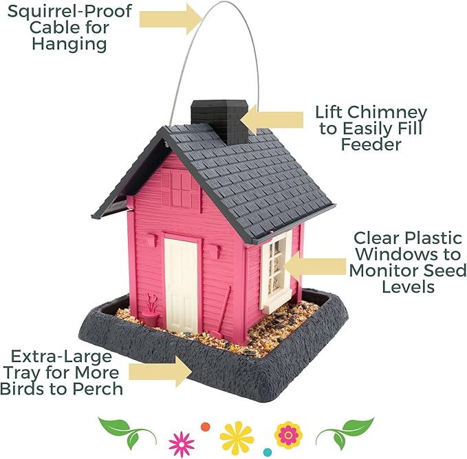 North States Village Collection - Fiesta Pink Cottage Bird Feeder: Hanging Bird Feeder for Outdoors, Holds 5 Pounds of Seed