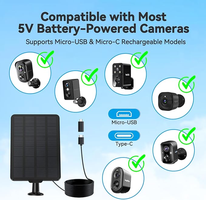 3W Solar Panel for Battery-Powered Security Cameras,USB-C & Micro USB Solar Charger for Wireless Outdoor Cameras,IP65 Waterproof, 9.8ft Cable, 360° Adjustable Mount (Black, 2 Pack)