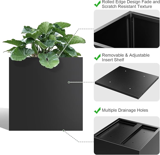 Nessxa Tall Metal Planter Box for Outdoor Plants 26" L x 26" W x 26", Heavy Duty Steel Large Square Planter Box with Removable Insert Shelf, Modern Décor for Tall Plants, Trees, Flowers (Black)