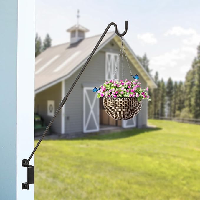 AILIN YELOKIE 32" 360° Swivel Deck Hook - Heavy Duty Solid Steel Plant Hanger, 12-Directional Adjustable Wall Bracket for Bird Feeders/Pole, Outdoor Plants & Wind Chimes, Black (2-Pack)