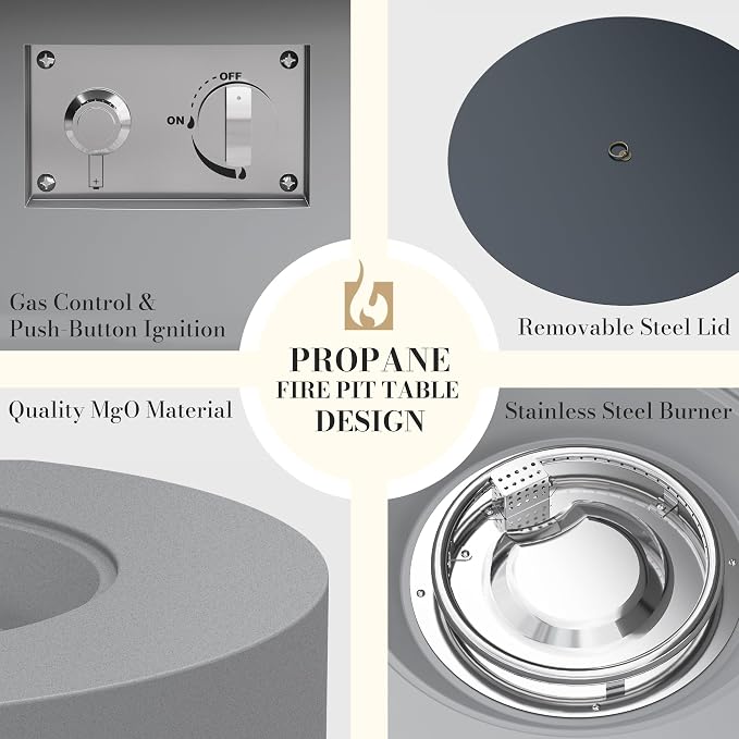 32.5 Inch Propane Fire Pit Table, 50,000 BTU Round Patio Fire Pit Table Outdoor, CSA Certified, Stainless Burner with Steel Lid, Waterproof Cover & Lava Rocks, for Garden Backyard, Gray
