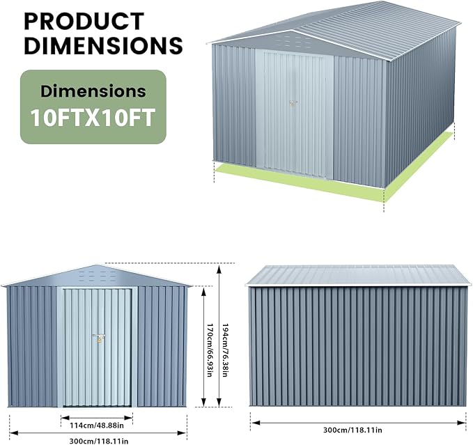 10x10 ft Metal Storage Shed, Outdoor Garden Tool Sheds with Sturdy Frame Structure, Large Metal Storage Shed with Lockable Door for Garden, Lawn, Backyard, Grey
