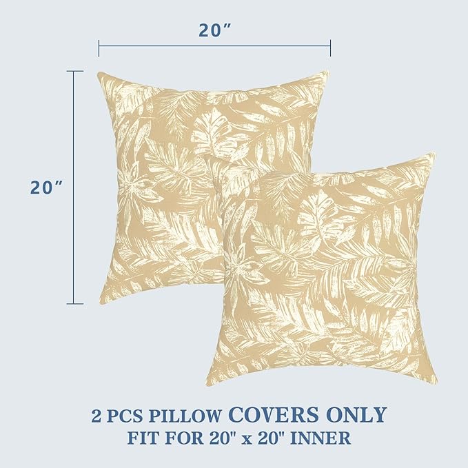 LVTXIII Outdoor Pillow Covers 20x20 Inch, 2 Pack Large Square Throw Pillow Cases, Fade-Resistant Cushion Covers for Patio Furniture Sofa, Garden Porch, Tropical Leaf Oat