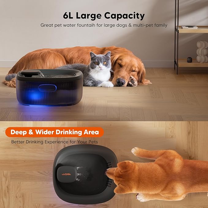 WOPET Dog Water Fountain for Large Dogs, 6L/205oz/1.7Gal Automatic Dog and Cat Water Fountain, Pet Water Dispenser with 2 Filters, Ultra-Quiet Pump, Great for Large Dogs Cats and Multi-Pet Home