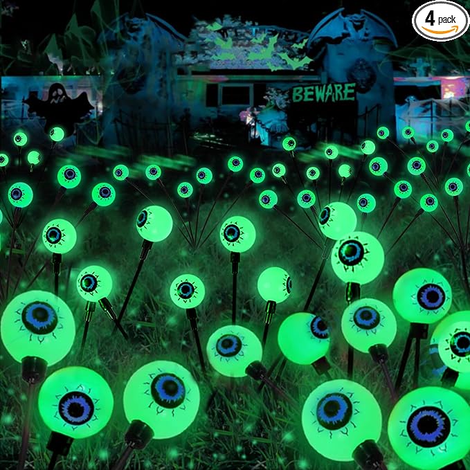 YIQU Solar Halloween Lights Outdoor 4 Pack 24 LED Green Solar Eyeball Light | Newly 3-Tier Design, 2 Lighting Modes, Auto ON/OFF, IP65 Waterproof, Swaying Firefly Lights for Lawn Garden Horror Party