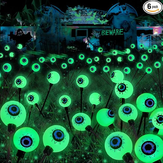 Solar Halloween Decorations Outdoor 6 Pack 36 LED Green Solar Eyeball Light | Newly 3-Tier Design, 2 Lighting Modes, Auto ON/OFF, IP65 Waterproof, Firefly Lights for Graveyard Lawn Garden Horror Party