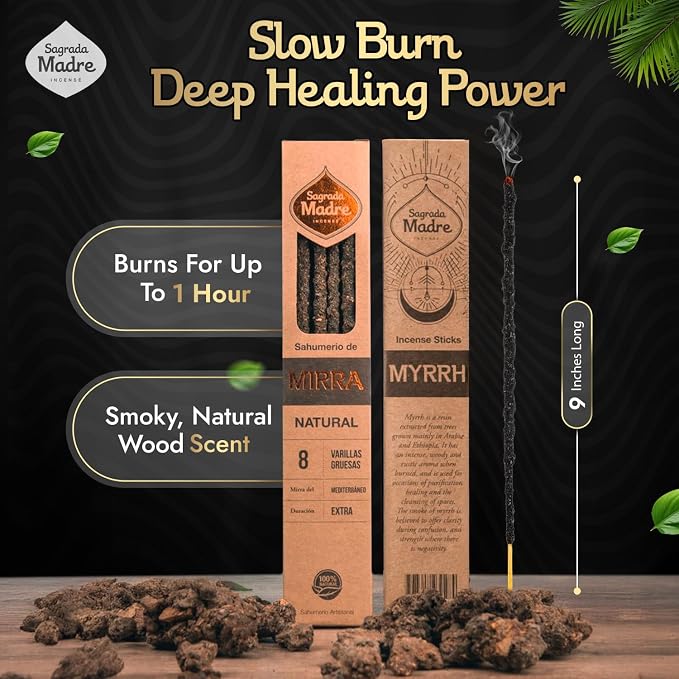 Sagrada Madre - 8 Natural Myrrh Incense Sticks, (9" Each) - Handmade with Myrrh Resin Organic, Natural Carbon & Salt for Purification, Healing & Space Cleansing Aromatherapy - 1 Hour Burn Time