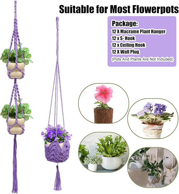 Hoteam 12 Pcs Macrame Plant Hangers Macrame Hanging Planters for Indoor Plants Handmade Boho Hanging Baskets Flower Pots Holder for Outdoor Home Wall Decor