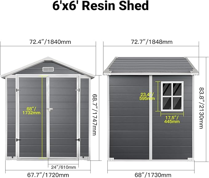 YOPTO 6x6 FT Storage Shed,Plastic Outdoor Storage Shed with Floor and Lockable Door,Waterproof Garden Shed W/Windows & Vents,Sloped Roof,Tool House for Storing Bicycles,Lawnmowers,Gray