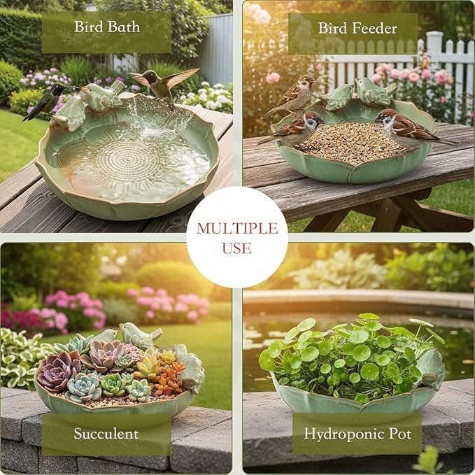 Ceramic Bird Bath for Outside on Ground，Heavy Duty Bird Feeders,Birdbath for Outdoors, Green Bird Baths Bowl for Garden,Table Deck, Balcony, Lawn (Bowl Only)