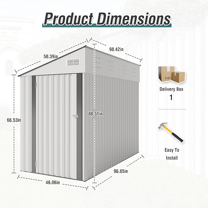 YOPTO 4x8 FT Outdoor Metal Storage Shed,Waterproof Lean to Tool Sheds,Heavy-Duty Unit with Single Hinge Side Door and Ventilation Windows,Weather Resistant,for Backyard,Patio,Lawn,White