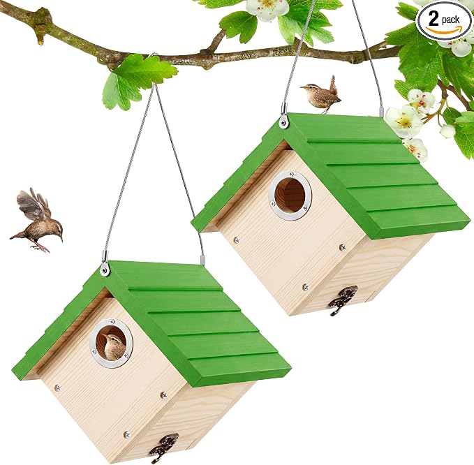 Dreyoo 2 Pack Wren House, 1-1/8'' Entrance Hole Hanging Wooden Wren Bird Houses for Outside with Metal Guard, Air Vents, Pine Wood for Chickadees (Green,Wood Color)