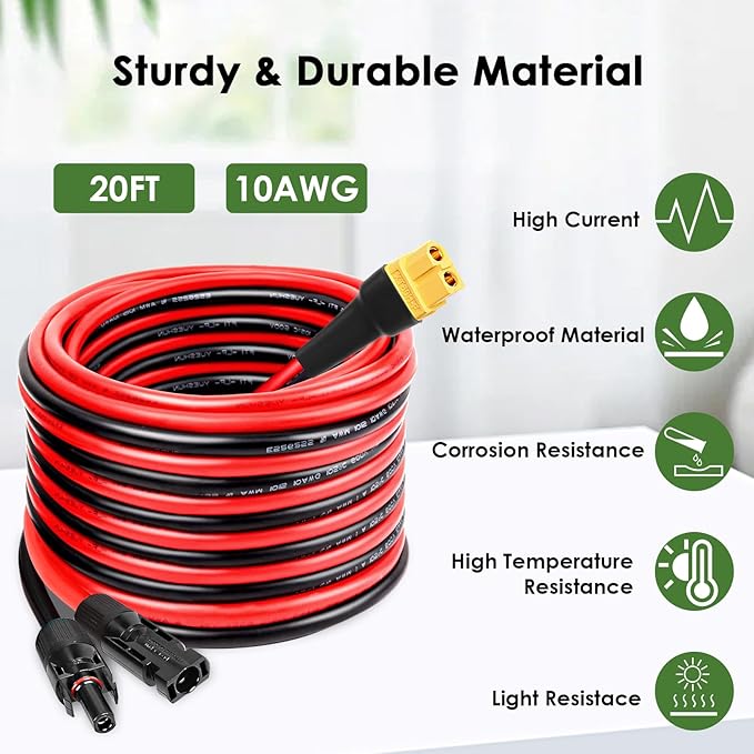 MOOKEERF Solar to XT60 Extension Cable 10AWG 20FT Solar Connector to XT60 Adapter Cable for Solar Panel to Portable Power Station Solar Generator Battery Pack
