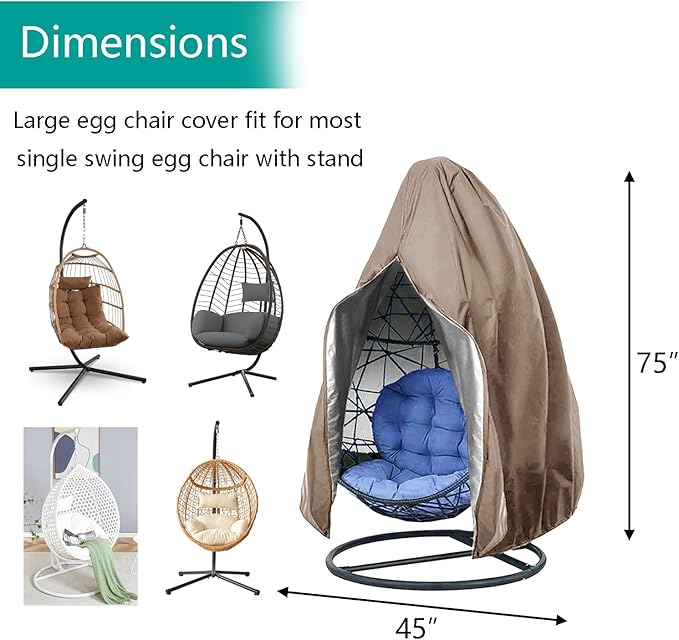 【Upgraded】Patio Egg Chair Covers with Zipper, Wicker Egg Swing Chair Covers, Waterproof Heavy Duty Weather Resisatnt Outdoor Chair Cover, Windproof Hanging Chair Cover, 75" x 45", Khaki, 1 Pack