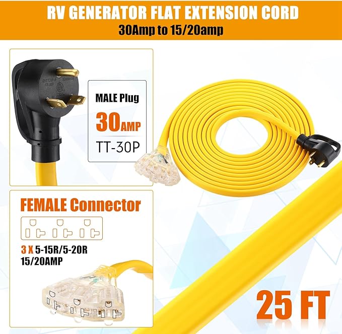 Tellegloww 25 FT Flat RV Generator Adapter Cord NEMA TT-30p to 3X 5-20R/5-15R, 30A to 110V 15/20 A Household Outlet Adapter, 10 Gauge Flat RV Generator Extension Cord, Etl Listed, Yellow