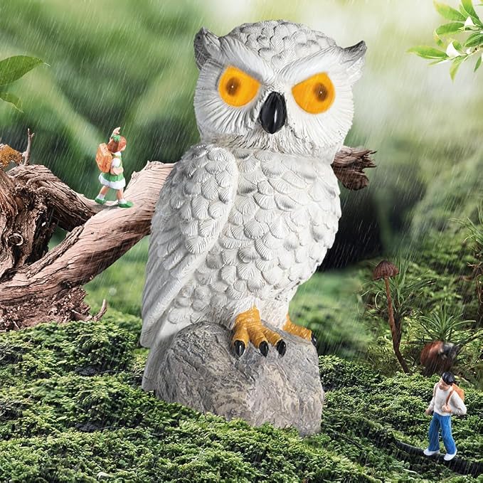 1 KINGO Fake Owl Decoy with LED Eyes & Ultrasonic Deterrent, Scarecrow Owl Decoys to Scare Birds Away, Bird Deterrents for Outside, Solar Powered Bird Repellent Devices Outdoor, Resin Garden Statues