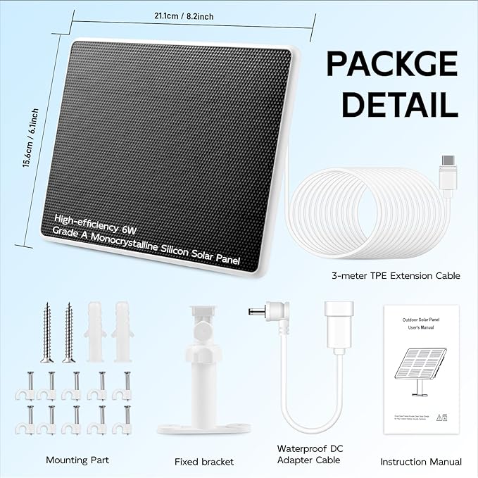 Solar Panel for Ring Camera, 6W Solar Charger Compatible with Rings Spotlight Cam,Plus,Pro,Rings Stick Up Cam Batterys, 10ft Long Cable with USB-C to Ring Barrel Plug Adapter