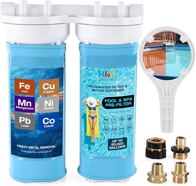 H&G lifestyles Garden Hose Filter for Pool Filling, Iron Removal Water Filter for Hot Tub & Spa, Reduces Calcium & Sediment, 3/4" GHT Adapter, 50,000 Gallons