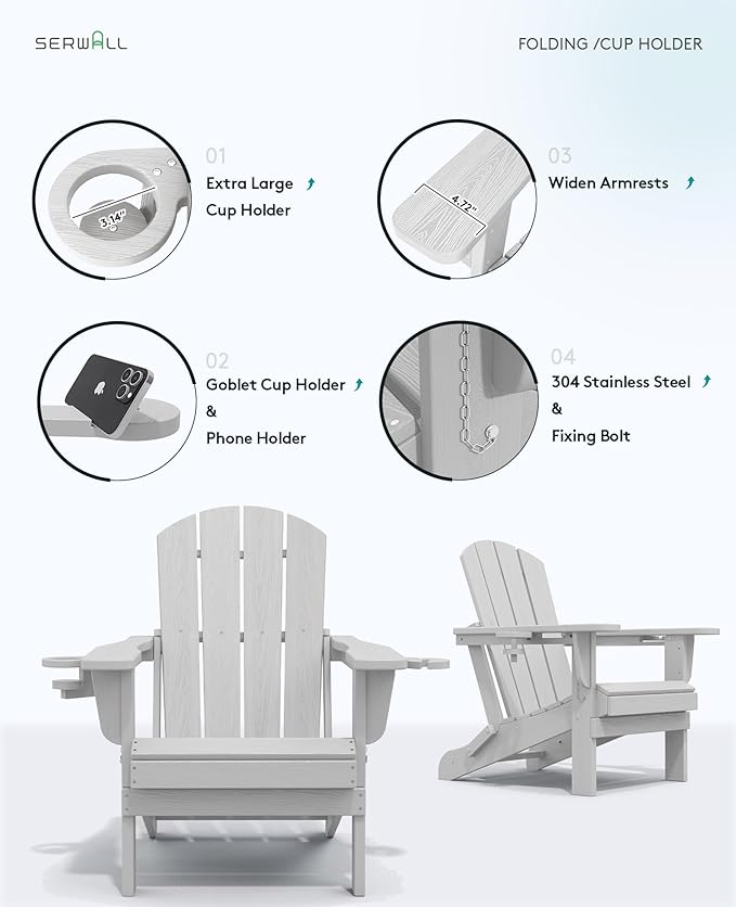 SERWALL Adirondack Chair with Cup Holders - Composite Adirondack Chairs Set of 4 HDPE Outdoor Chairs All Weather Use- Silver Gray