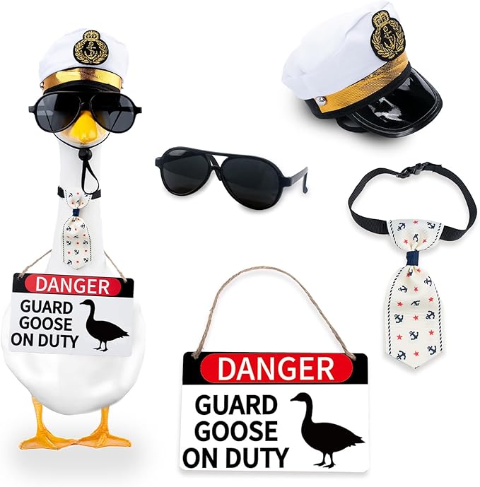 CAMDUCK 4 Pcs Porch Goose Accessories Porch Geese Sign Goose Navy Hat Eyeglasses Necktie Wooden Danger Guard Goose on Duty Warning Sign Geese Outfits Decor for Yard Porch Lawn