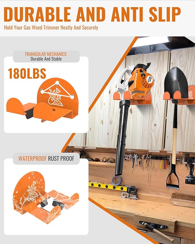Weedeater Rack & Snow Shovel Hanger - 4 Pack - 180LB Heavy-Duty Alloy Steel Wall Mount Set for Winter Gear, Stihl Power Tools, Grass Trimmer, Garden Tools, Space-Saving Storage for Garage, Shed
