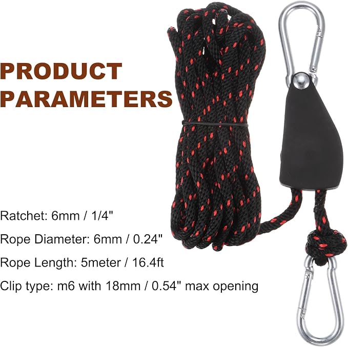 uxcell 2pcs 1/4" (6mm) Adjustable Rope Hanger with Metal Gears 16.4ft (5meter) Strap, Ratcheting Pulley System Bungee Cord for Hanging Plants Grow Light and Various Tie-Down Uses