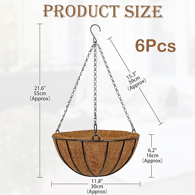 12 Inch Metal Hanging Basket with Coco Coir Liner for Flowers Planting, 6 Pack Hanging Baskets for Plants Outdoor, Round Wire Planters with Chain for Home Patio Porch Balcony Garden Decor
