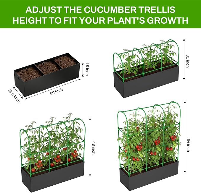 63.8"×49.6"×16.5" Cucumber Trellis with Grow Bag,Trellis for Climbing Plants Outdoor,U-Shape Reusable Metal Garden Arch Trellis with Net, for Fruit Flower Support for Pea, Grape Vine Type Plants