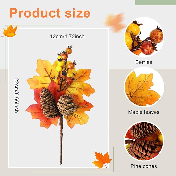Boao 12 Pack Fall Stems Artificial Berry Picks Fall Picks with Maple Leaves Pine Cone Branches Decorations for Harvest Autumn Thanksgiving Day Flower Arrangements Wreaths Indoor Outdoor Home Decor