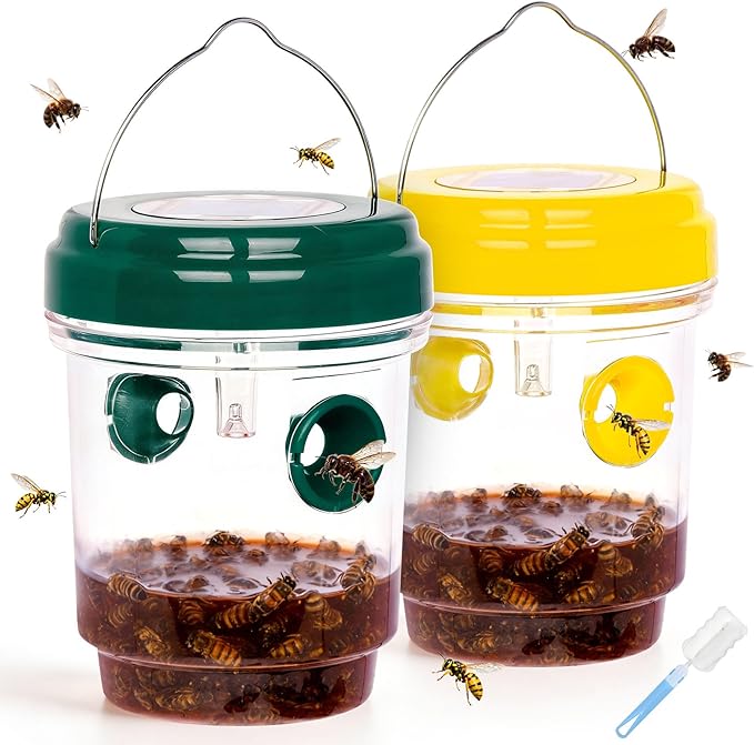 2 Pack Wasp Traps Outdoor Hanging, Carpenter Bee Traps for Outside, Yellow Jacket Trap Solar Powered Wasp Killer with UV LED Light, Bee Catcher Traps, Hornet Traps