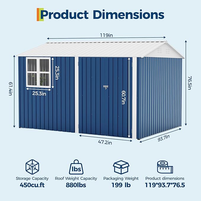 Garvee 10X8 FT Storage Shed with Cross Windows & Double Doors, 450 Cu Ft Large Outdoor Tool Shed, Garden Shed for Riding Mower, Bike, Lawn Equipment - All Weather Meta