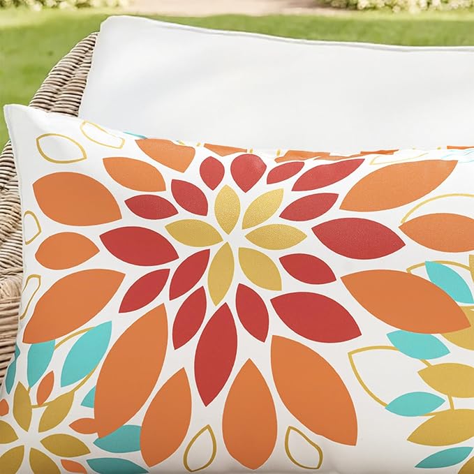 Floral Outdoor Pillow Covers Waterproof Spring Throw Pillow Cases Orange Yellow 20x20 Inch Set of 2 Decorative Summer Cushion Covers for Patio Furniture Garden Bench Porch Sofa