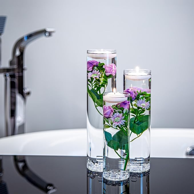 Purple Rose Floating Flowers for Table Centerpieces Glass Cylinder Vases Fillers Set with Floating Candles and Fake Ice Cubes for Wedding Party Home Pool Bar Restaurant Festival Decoration