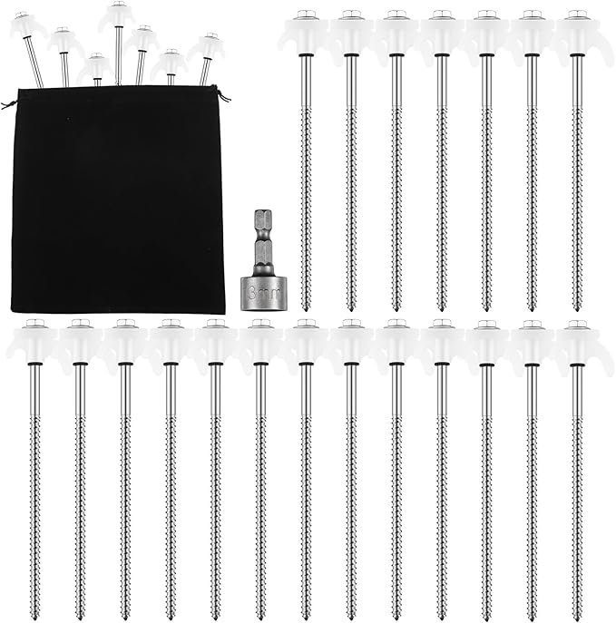 Yaocom 20 Pcs 8" Screw in Tent Stakes Heavy Duty Tent Stakes Drillable Ground Anchors Screw Metal Tent Pegs Threaded Tent Spikes with Head Driver for Swing Inflatable Decor (Illuminant White)