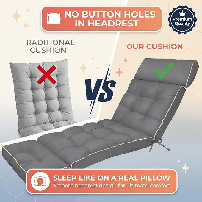 MAGIC ELEPHANT Chaise Lounge Cushion Outdoor, Memory Foam Replacement Patio Pool Lounge Chair Cushion with Ties for Outdoor Furniture, 74 x 22 x 4 Inch (Gray)
