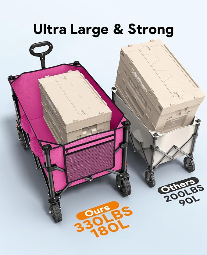 Wagons Carts Foldable, Collapsible Foldable Wagon 330lbs Capacity, Large Capacity Wagon Cart with All-Terrain Wheels,Heavy Duty Utility Wagons Cart with Brakes for Camping Shopping Sports, Pink