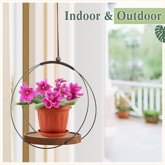 Threehoney 1 Pack Hanging Planters for Indoor Black Plant Hanger with Round Wood Base Large Indoor Hanging Plant Shelf Boho Holder Gift for Mom,Housewarming (9.8 '')