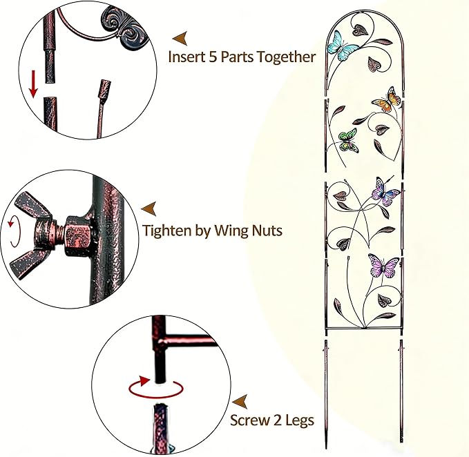 2 Pack Metal Garden Trellis with Colorful Butterfly, Outdoor Decoration Arched Fence Trellis for Climbing Plants for Patio, Backyard, Lawn, Wall Brackets