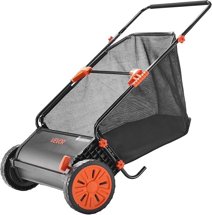 VEVOR Push Lawn Sweeper, 26 in Leaf & Grass Collector with 7 cu. ft. Hopper Bag, Adjustable Brush Height & Spinning Brushes, Heavy Duty Yard Sweeper with Rubber Wheels for Leaves Grass Cleanup
