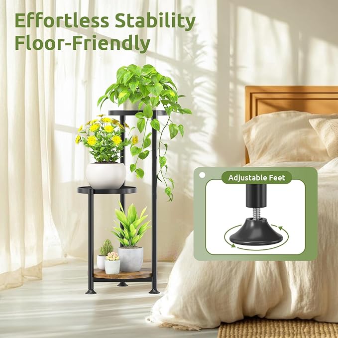 Oppro 3 Tier Plant Stand Indoor Outdoor, 10in Wide Metal Tiered Tall Flower Pot Holder Multiple Shelf, Large Heavy Duty Round Rack for Patio Garden Living Room Balcony Corner Bathroom Orchid,Modern Black