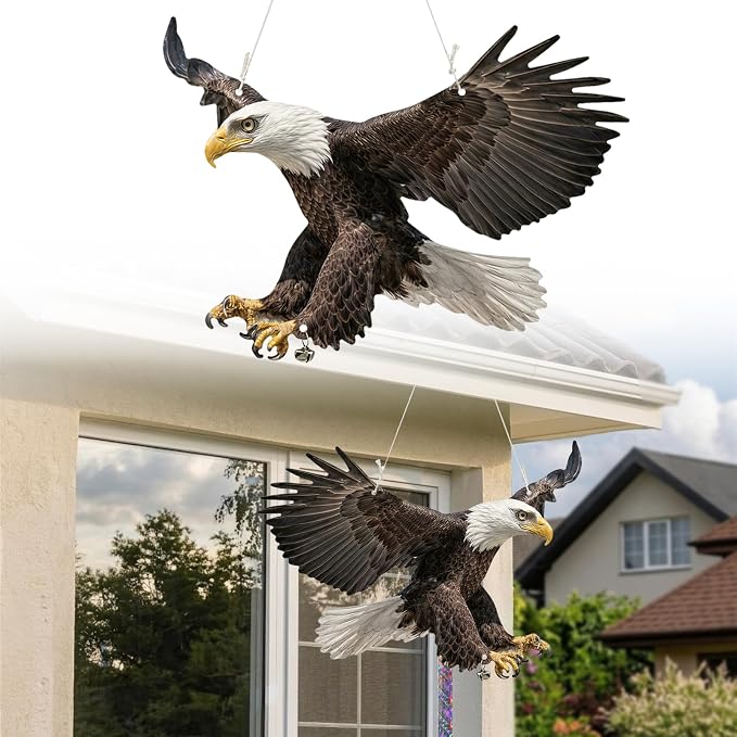 Fake Eagle to Keep Pigeon Woodpecker Animals Away, 3 Pack Hanging Flat Plastic Fake Eagle with Reflective Tape to Scare Animals Away for Outside Garden Balcony Window Outdoor Patio Backyard Porch
