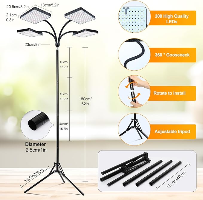 2026 4Head Grow Light with Upgrade Stand, Big Coverage Grow Lights for Indoor Large Plant, Bonsai Tree, 4/8/12/16/20H Timer, 100 Watt Power Draw, NO Need Adapter, 24"-76" Height Adjustable