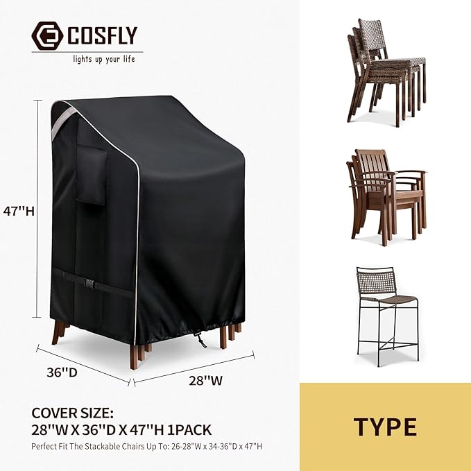 COSFLY Stackable Patio Chairs Covers Waterproof, Outdoor Furniture Covers Heavy Duty for 4-6 Stacking Chairs 1 Pack - Fits up to 28w x 36D x 47H inches (Black)