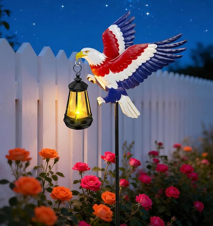 ZFNN 4th of July Decorations Outdoor Solar Lights, Solar Eagle Garden Lights with Lantern, Patriotic Eagle Stake Light for Yard Lawn Garden Patio, Patriotic Decor for Memorial Day Veterans Day 2 Pack