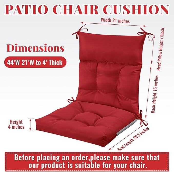Sintuff 2 Pcs 44 x 21 x 4 Patio Chair Cushions Outdoor Chair Cushion Seat/Back Tufted Pillow with Ties Water Resistant Replacement Indoor Patio Furniture Outdoor Furniture (Solid Color,Ruby Red)