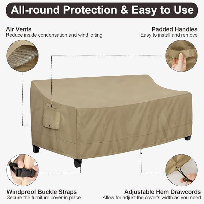 PureFit Outdoor Couch Cover Waterproof Patio Sofa Furniture Covers, 4-Seater Outdoor Cover with Air Vent and Handles, 104W x 40D x 35H Inches, Camel