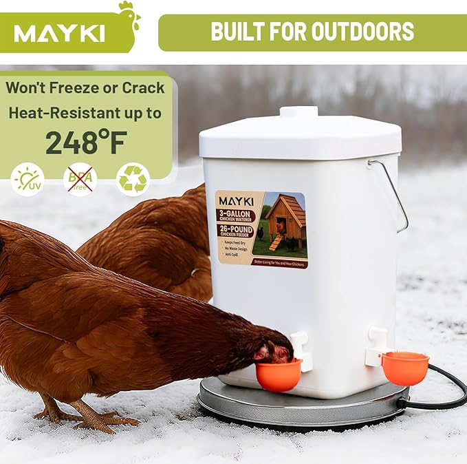 MAYKI Chicken Feeder and Waterer Set, 3 Gallon/26 LB No Waste Poultry Feeding System with Hanging Option, Automatic Coop Accessories for 10 Hens, Upgraded Feeder Port Water Cup, BPA-Free Winter Design